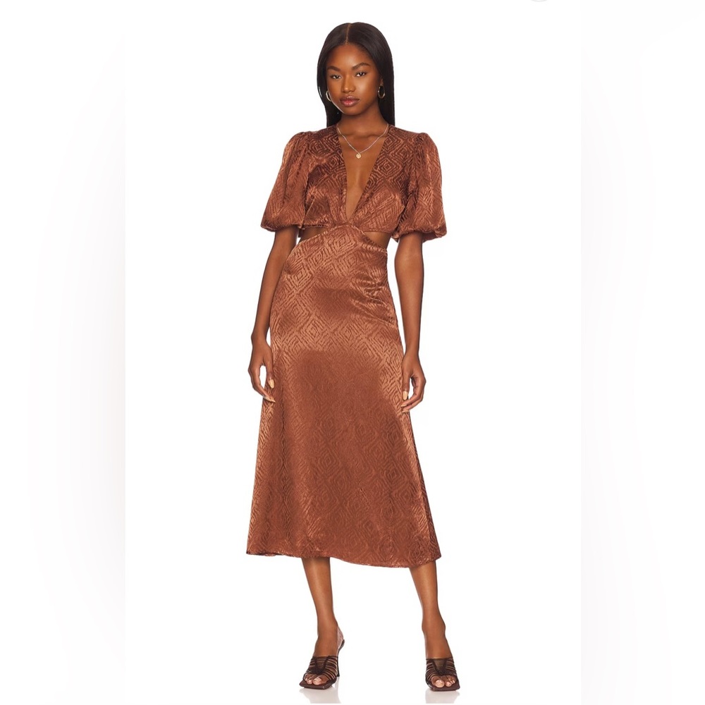 REVOLVE x House of Harlow Pattia Cut Out Puff Sleeve Brown Midi Dress Tulum